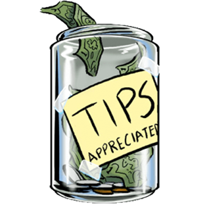 illustrated tip jar with dollar bills and coins